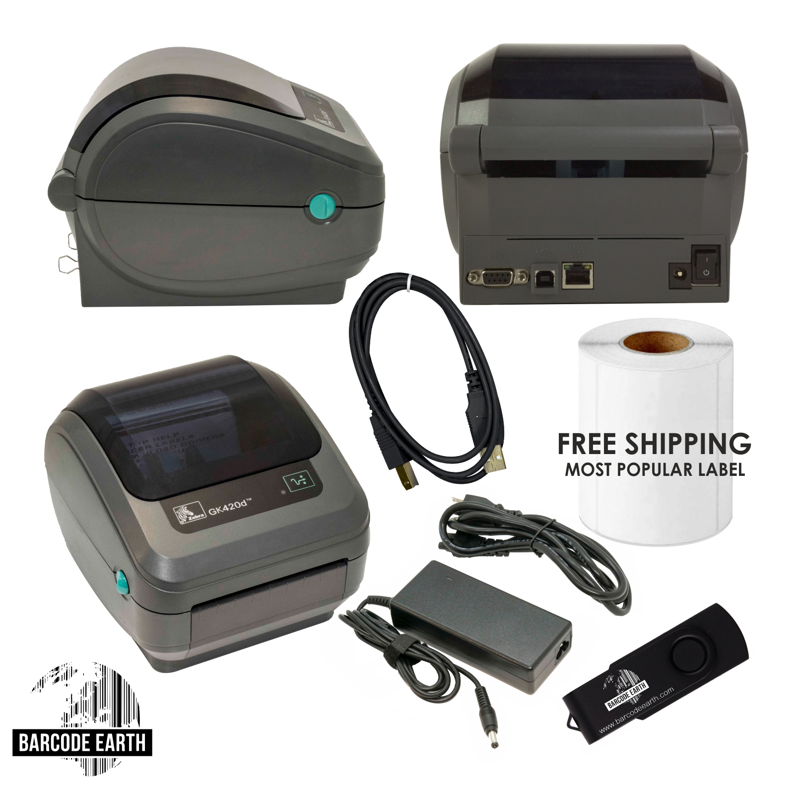 Zebra GK420D Label Thermal Printer, & USB, Power Supply, USB