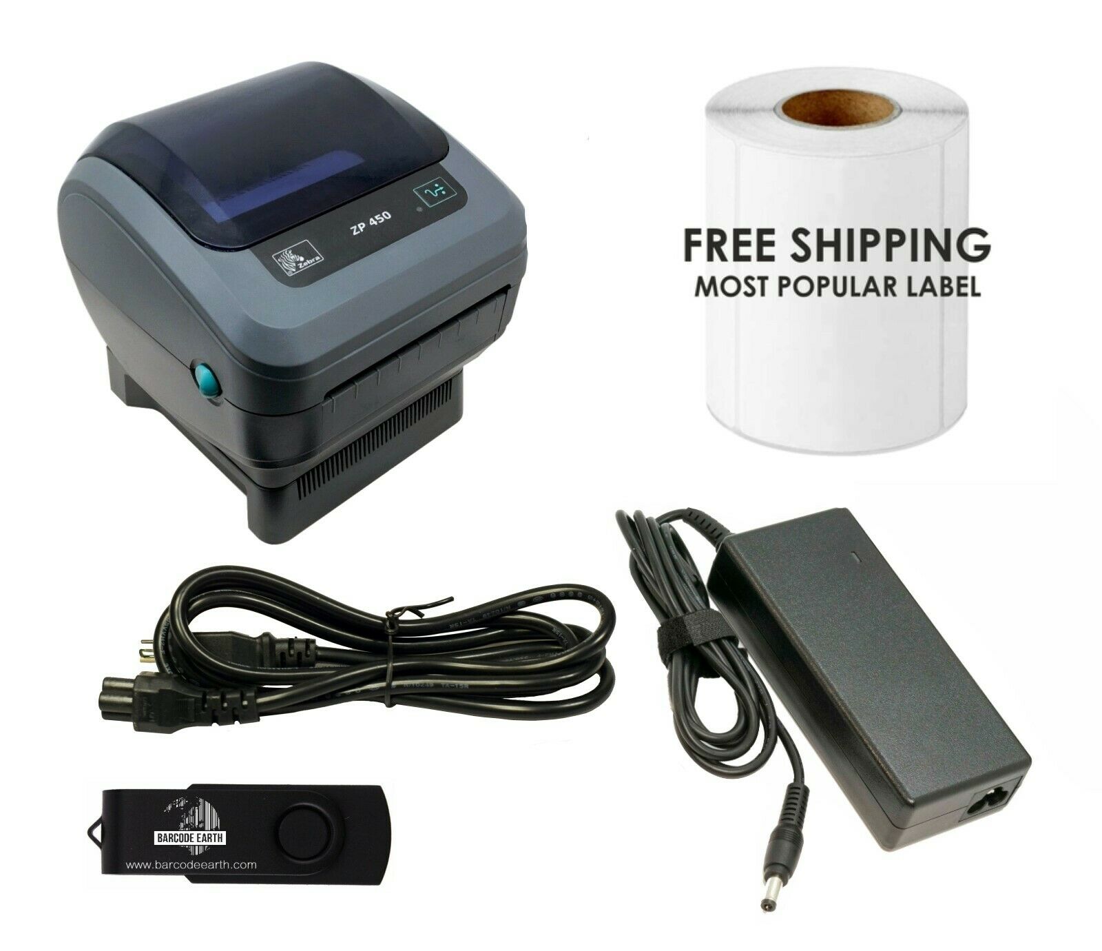 Zebra ZP 450 Label Thermal Bar Code Printer Ethernet & Power Supply USB Cable 